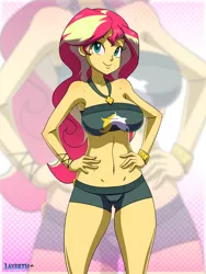 Size: 675x900 | Tagged: suggestive, artist:layerth, derpibooru import, sunset shimmer, equestria girls, equestria girls series, armpits, belly button, breasts, clothes, commission, female, hand on hip, smiling, solo, solo female, swimsuit, zoom layer