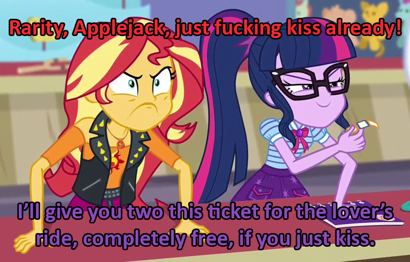 Size: 807x516 | Tagged: safe, derpibooru import, edit, edited screencap, screencap, sci-twi, sunset shimmer, twilight sparkle, equestria girls, equestria girls series, rollercoaster of friendship, implied lesbian, implied rarijack, implied shipping, shipper on deck, vulgar