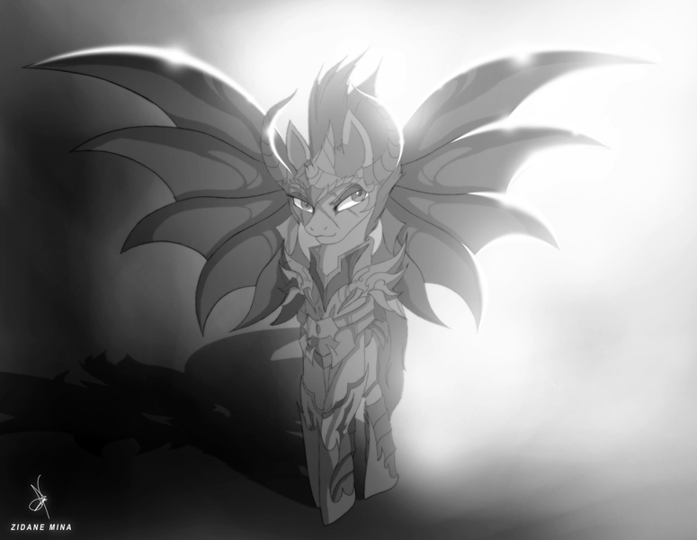 Size: 1680x1300 | Tagged: safe, artist:zidanemina, derpibooru import, tempest shadow, pony, armor, crossover, eye scar, female, helmet, mare, monochrome, saint seiya, scar, smiling, solo