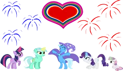 Size: 15470x9023 | Tagged: safe, artist:lman225, derpibooru import, lyra heartstrings, rarity, sweetie belle, trixie, twilight sparkle, pony, absurd resolution, female, harem, heart, holiday, lesbian, rarixie, shipping, simple background, transparent background, trixie gets all the mares, twixie, valentine's day