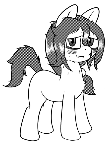 Size: 900x1200 | Tagged: safe, artist:scraggleman, derpibooru import, oc, oc:floor bored, unofficial characters only, earth pony, pony, blushing, chest fluff, grayscale, messy hair, messy mane, messy tail, monochrome, simple background, solo, sweat, sweating profusely, white background