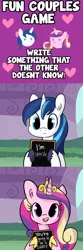 Size: 1650x4950 | Tagged: safe, artist:tjpones, derpibooru import, princess cadance, shining armor, alicorn, pony, unicorn, chalkboard, comic, ear fluff, female, fun couples game meme, game, heart, hoof hold, hoof shoes, implied cheating, implied flurry heart, implied infidelity, implied pregnancy, infertility, male, mare, pregnant, sign, stallion, this will end in divorce, unshorn fetlocks