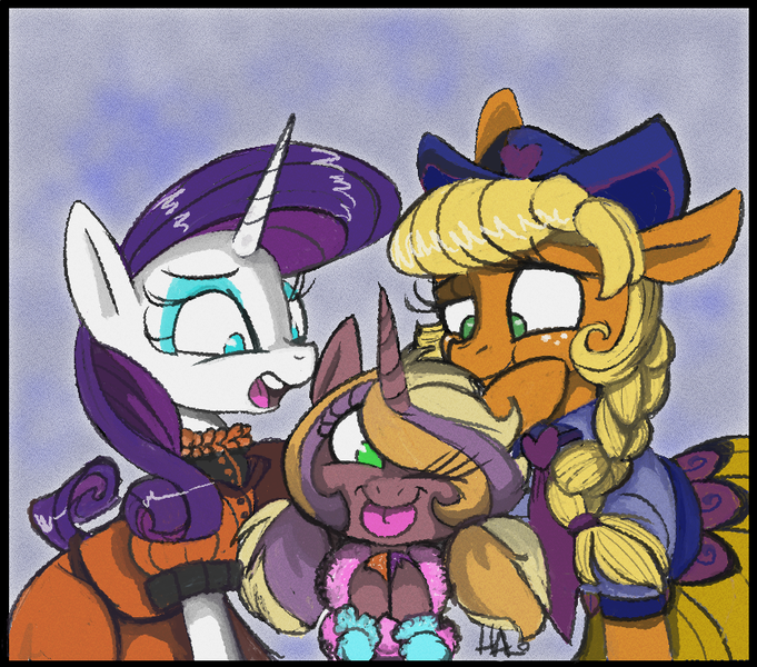 Size: 837x737 | Tagged: safe, artist:lavendire, derpibooru import, applejack, rarity, oc, oc:appletea, pony, clothes, cute, dress, family photo, female, lesbian, magical lesbian spawn, offspring, rarijack, shipping