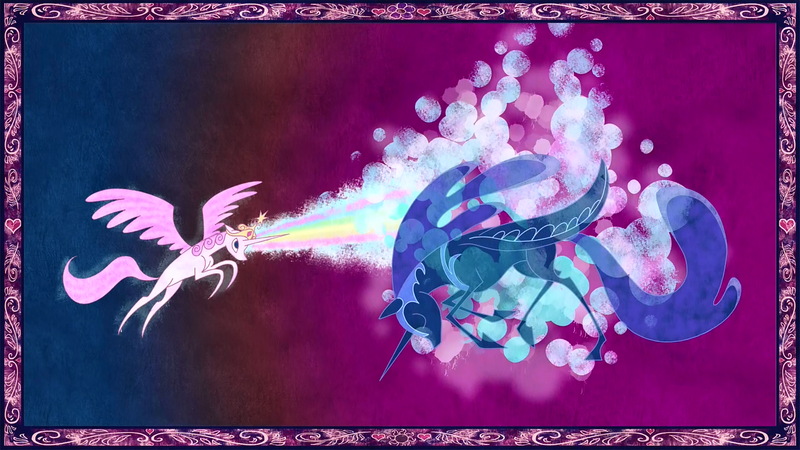 Size: 1280x720 | Tagged: safe, derpibooru import, screencap, nightmare moon, princess celestia, alicorn, pony, friendship is magic, female, magic, mare, pink-mane celestia