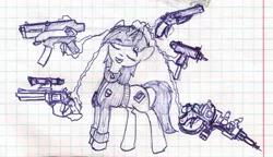 Size: 1154x666 | Tagged: safe, artist:nyxia, derpibooru import, oc, oc:littlepip, unofficial characters only, pony, unicorn, fallout equestria, fanfic, clothes, cutie mark, energy weapon, eyes closed, fanfic art, female, glowing horn, graph paper, gun, handgun, hooves, horn, levitation, little macintosh, magic, magical energy weapon, mare, monochrome, open mouth, optical sight, pipbuck, plasma rifle, revolver, sawed off shotgun, shotgun, simple background, solo, submachinegun, telekinesis, traditional art, vault suit, weapon, white background