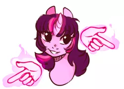 Size: 812x580 | Tagged: safe, artist:catzino, derpibooru import, twilight sparkle, pony, bust, finger gun, finger guns, glowing horn, hand, magic, magic hands, simple background, solo, white background