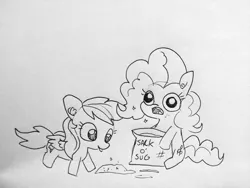 Size: 1920x1440 | Tagged: safe, artist:tjpones, derpibooru import, pinkie pie, rainbow dash, earth pony, pegasus, pony, :o, eating, faic, female, food, lineart, mare, mlem, open mouth, silly, sugar (food), sugar rush, tongue out, traditional art, xk-class end-of-the-world scenario