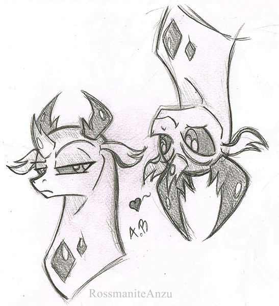 Size: 1287x1412 | Tagged: artist:rossmaniteanzu, brothers, changedling, changedling brothers, changeling, derpibooru import, duo, gray background, grayscale, king thorax, male, monochrome, pencil drawing, pharynx, pharynx is not amused, prince pharynx, safe, simple background, sketch, thorax, traditional art, upside down