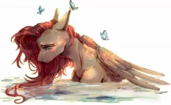 Size: 1280x790 | Tagged: safe, artist:samarina, derpibooru import, fluttershy, butterfly, pegasus, pony, crying, female, mare, simple background, solo, water, white background