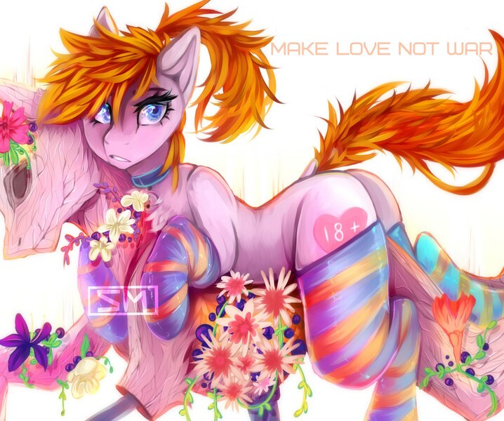 Size: 1280x1069 | Tagged: suggestive, artist:samarina, derpibooru import, oc, oc:ashley kinky, pony, clothes, collar, female, flower, socks, solo, solo female, striped socks