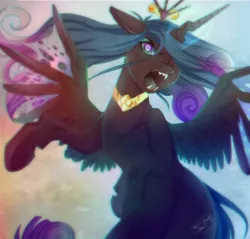 Size: 2047x1953 | Tagged: safe, artist:samarina, derpibooru import, princess cadance, queen chrysalis, alicorn, changeling, changeling queen, pony, a canterlot wedding, character to character, crown, disguise, disguised changeling, fake cadance, fangs, female, hybrid wings, jewelry, mare, mid-transformation, open mouth, peytral, regalia, solo, spread wings, transformation, transforming accessories, wings