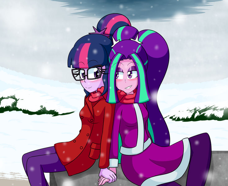 Size: 1512x1234 | Tagged: safe, artist:jake heritagu, derpibooru import, aria blaze, sci-twi, twilight sparkle, equestria girls, blushing, clothes, female, glasses, holding hands, lesbian, lidded eyes, looking at each other, scarf, shared clothing, shipping, sitting, smiling, snow, sparkleblaze