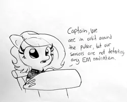 Size: 1732x1398 | Tagged: safe, artist:tjpones, derpibooru import, oc, oc:brownie bun, earth pony, pony, black and white, clothes, dialogue, female, grayscale, mare, monochrome, solo, speech, star trek, traditional art, uniform