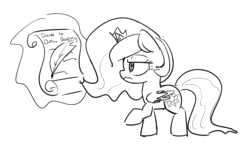 Size: 2000x1200 | Tagged: safe, artist:skitter, derpibooru import, princess celestia, alicorn, pony, decree, female, filly, filly celestia, monochrome, quill, requested art, scroll, simple background, white background, writing, younger