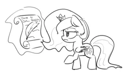 Size: 2000x1200 | Tagged: safe, artist:skitter, derpibooru import, princess celestia, alicorn, pony, decree, female, filly, filly celestia, monochrome, quill, requested art, scroll, simple background, white background, writing, younger