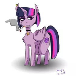 Size: 2000x2000 | Tagged: safe, artist:skeletonburglar, derpibooru import, twilight sparkle, twilight sparkle (alicorn), alicorn, pony, choker, female, goth, mare, pentagram, redesign, short hair, simple background, smoking, white background