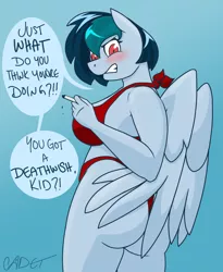 Size: 1800x2200 | Tagged: angry, anthro, artist:cadetredshirt, bikini, blushing, bra, breasts, busty delta vee, cigarette, clothes, derpibooru import, embarrassed, female, milf, oc, oc:delta vee, panties, pegasus, red bikini, red bra, red eyes, red panties, red underwear, shinodage, short hair, simple background, simple shading, smoking, solo, suggestive, swimsuit, text, thick, thong swimsuit, underwear, unofficial characters only, wings, worm's eye view
