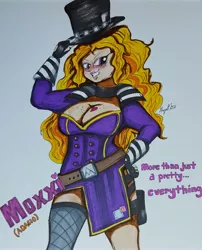 Size: 2885x3578 | Tagged: suggestive, artist:missmayaleanne, derpibooru import, adagio dazzle, equestria girls, borderlands, breasts, busty adagio dazzle, cleavage, clothes, crossover, female, looking at you, mad moxxi, solo, tattoo, traditional art