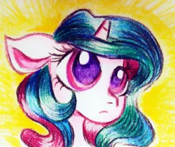 Size: 733x616 | Tagged: safe, artist:frootytoots, derpibooru import, princess celestia, pony, bust, colored pupils, cute, female, filly, traditional art