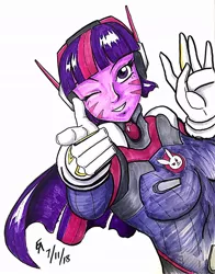 Size: 800x1021 | Tagged: safe, artist:mayorlight, derpibooru import, twilight sparkle, equestria girls, bodysuit, clothes, cosplay, costume, d.va, looking at you, one eye closed, overwatch, pointing at you, simple background, solo, traditional art, white background, wink