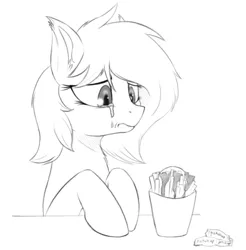 Size: 869x882 | Tagged: dead source, safe, artist:graboiidz, derpibooru import, oc, oc:panne, unofficial characters only, bat pony, bust, crying, eyes on the prize, female, food, french fries, image, ketchup, mare, monochrome, png, sad, sauce, sketch, solo
