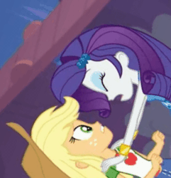 Size: 280x290 | Tagged: suggestive, derpibooru import, edit, edited screencap, screencap, applejack, rarity, equestria girls, equestria girls series, rollercoaster of friendship, animated, boots, clothes, cropped, dress, duo, female, hat, implied futa, implied lesbian, implied rarijack, implied shipping, out of context, park, skirt