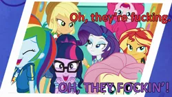 Size: 1296x729 | Tagged: suggestive, derpibooru import, edit, edited screencap, screencap, applejack, fluttershy, pinkie pie, rainbow dash, rarity, sunset shimmer, twilight sparkle, equestria girls, equestria girls series, rollercoaster of friendship, female, humane five, humane seven, humane six, lesbian, prozd, rarijack, shipper on deck, shipping