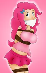 Size: 2000x3168 | Tagged: suggestive, artist:gagmanzx, derpibooru import, pinkie pie, human, equestria girls, belly button, bondage, bow, bra strap, breast bondage, breasts, cleavage, cloth gag, clothes, confused, crotch rope, female, gag, humanized, image, jpeg, looking at you, midriff, rope, rope bondage, ropes, skirt, solo, solo female, tanktop, tied up