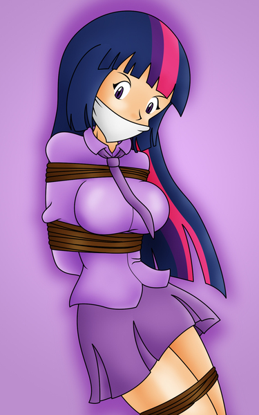 Size: 1250x2000 | Tagged: questionable, artist:gagmanzx, derpibooru import, twilight sparkle, human, equestria girls, blouse, bondage, breast bondage, breasts, cleavage, cloth gag, clothes, female, gag, humanized, image, jpeg, miniskirt, necktie, pleated skirt, rope, rope bondage, ropes, skirt, solo, solo female, tied up