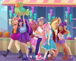 Size: 1280x1018 | Tagged: safe, artist:nichroniclesvsart, derpibooru import, applejack, fluttershy, pinkie pie, rainbow dash, rarity, sci-twi, sunset shimmer, twilight sparkle, parakeet, equestria girls, equestria girls series, rollercoaster of friendship, abs, alternate hairstyle, ball, belly button, boots, clothes, converse, cute, dark skin, diversity, dreas, dress, ear piercing, earring, eyes closed, eyeshadow, female, flannel, flutterdash, geode of empathy, geode of fauna, geode of shielding, geode of sugar bombs, geode of super speed, geode of super strength, geode of telekinesis, glasses, high heel boots, hug, humane five, humane seven, humane six, jacket, jewelry, leather jacket, leggings, lesbian, magical geodes, makeup, midriff, necklace, piercing, plushie, ponytail, rarijack, scene interpretation, scitwishimmer, shipping, shoes, shorts, skirt, socks, stockings, sunsetsparkle, tanktop, thigh highs, toy