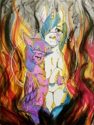 Size: 3024x4032 | Tagged: semi-grimdark, artist:caek, artist:colorlesscupcake, derpibooru import, shining armor, twilight sparkle, twilight sparkle (alicorn), alicorn, pony, unicorn, bipedal, body markings, brother and sister, cutie mark, duo, female, fire, lidded eyes, looking at you, male, mare, stallion