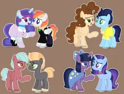 Size: 2892x2200 | Tagged: safe, artist:crybabyadopts, derpibooru import, oc, unnamed oc, unofficial characters only, earth pony, pegasus, pony, unicorn, adoptable, base used, beard, bow, bowtie, brother and sister, brothers, brown background, cape, choker, clothes, colored pupils, dress, facial hair, female, freckles, hair bow, magical gay spawn, magical lesbian spawn, male, offspring, outline, parent:big macintosh, parent:cheese sandwich, parent:rainbow dash, parent:rarity, parent:soarin', parent:thunderlane, parent:trixie, parent:twilight sparkle, parents:raridash, parents:soarinsandwich, parents:thundermac, parents:twixie, shirt, simple background, sisters, unshorn fetlocks