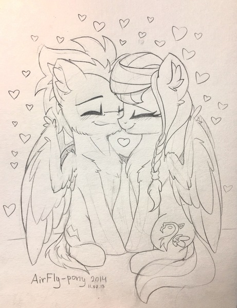 Size: 2327x3027 | Tagged: safe, artist:airfly-pony, derpibooru import, oc, oc:scarlett drop, oc:wing hurricane, unofficial characters only, pegasus, pony, cute, eyes closed, female, heart, hug, large wings, lineart, love, male, mare, oc x oc, rcf community, scarricane, shipping, smiling, stallion, straight, traditional art, wings