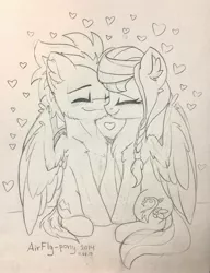 Size: 2327x3027 | Tagged: safe, artist:airfly-pony, derpibooru import, oc, oc:scarlett drop, oc:wing hurricane, unofficial characters only, pegasus, pony, cute, eyes closed, female, heart, hug, large wings, lineart, love, male, mare, oc x oc, rcf community, scarricane, shipping, smiling, stallion, straight, traditional art, wings