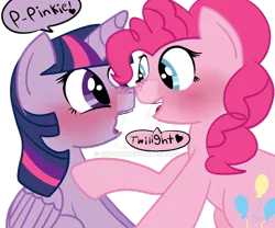 Size: 1024x853 | Tagged: safe, artist:scoot11, derpibooru import, pinkie pie, twilight sparkle, twilight sparkle (alicorn), alicorn, earth pony, pony, blue eyes, blushing, boop, cute, diapinkes, duo, female, folded wings, lesbian, noseboop, pink hair, purple eyes, purple hair, shipping, speech bubble, twiabetes, twinkie, watermark