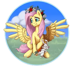 Size: 1000x894 | Tagged: safe, artist:bel-assa, derpibooru import, angel bunny, fluttershy, pegasus, pony, rabbit, carrot, circle, cloud, duo, eyes closed, female, floral head wreath, flower, food, looking away, mare, outdoors, raised hoof, simple background, sitting, smiling, spread wings, stray strand, transparent background, wings