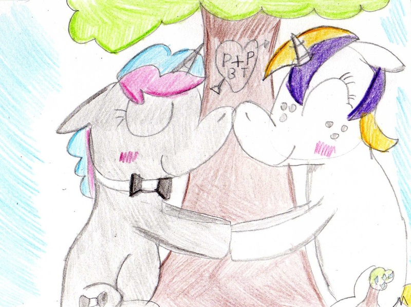 Size: 1828x1368 | Tagged: safe, artist:ptitemouette, derpibooru import, oc, oc:bow tie, oc:pomme de pin, pony, unicorn, bowtie, female, floppy ears, freckles, holding hooves, lesbian, magical lesbian spawn, next generation, oc x oc, offspring, offspring shipping, parent:applejack, parent:fancypants, parent:fleur-de-lis, parent:rarity, parents:fancyfleur, parents:rarijack, pregnant, shipping, traditional art