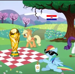 Size: 718x708 | Tagged: safe, derpibooru import, applejack, rainbow dash, rarity, earth pony, pegasus, pony, croatia, eqg flag-tag meme, female, football, mare, picnic, sunglasses, sunscreen, trophy, world cup, world cup 2018