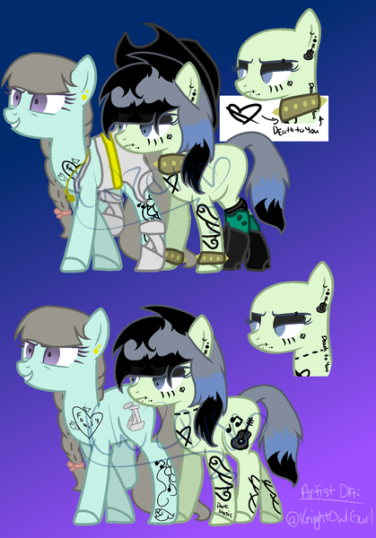 Size: 1282x1834 | Tagged: safe, artist:kingbases, artist:knightowlgurl, derpibooru import, oc, oc:southern ballroom, oc:southern gothic, unofficial characters only, earth pony, pony, icey-verse, ballerina, ballet slippers, base used, boots, bow, clothes, collar, commission, cowboy hat, ear piercing, earring, edgy, eyebrow piercing, eyeshadow, face tattoo, female, goth, hair bow, hat, jewelry, lip piercing, magical lesbian spawn, makeup, mare, necklace, next generation, offspring, parent:beauty brass, parent:fiddlesticks, parents:fiddlebrass, piercing, ponytail, reference sheet, shoes, sisters, skirt, socks, spiked collar, spiked wristband, tattoo, torn clothes, wall of tags, wristband