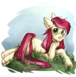 Size: 1825x1848 | Tagged: artist needed, safe, derpibooru import, roseluck, earth pony, pony, back fluff, behaving like a cat, bow, collar, cute, digital art, ear fluff, female, fluffy, grass, grin, hoof fluff, leg fluff, looking at you, lying, lying down, mare, pony pet, rosepet, smiling, solo, teeth