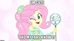 Size: 888x499 | Tagged: safe, derpibooru import, edit, edited screencap, screencap, fluttershy, equestria girls, equestria girls series, so much more to me, beautiful, cute, image macro, meme, microphone, shyabetes, solo