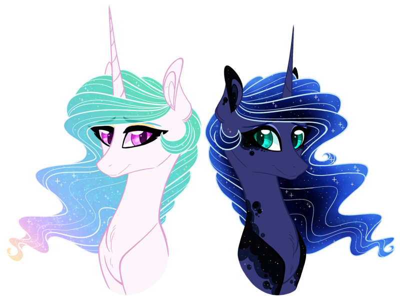 Size: 2000x1500 | Tagged: safe, artist:australian-senior, derpibooru import, princess celestia, princess luna, alicorn, pony, alternate design, bust, duo, ethereal mane, female, mare, portrait, royal sisters, simple background, sisters, starry mane, transparent background