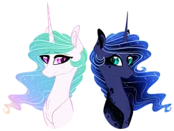 Size: 2000x1500 | Tagged: safe, artist:australian-senior, derpibooru import, princess celestia, princess luna, alicorn, pony, alternate design, bust, duo, ethereal mane, female, mare, portrait, royal sisters, simple background, sisters, starry mane, transparent background