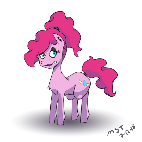 Size: 2000x2000 | Tagged: questionable, artist:skeletonburglar, derpibooru import, pinkie pie, pony, condoms, female, heavy makeup, mare, ponytail, redesign, sad