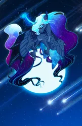 Size: 3300x5100 | Tagged: safe, artist:earthsong9405, deleted from derpibooru, derpibooru import, princess luna, alicorn, pony, cloven hooves, curved horn, ethereal mane, eyes closed, female, full moon, glowing horn, hybrid wings, mare, moon, night, realistic horse legs, solo, starry mane, starry wings, unshorn fetlocks, wing claws