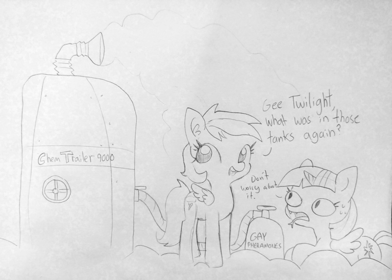 Size: 1829x1307 | Tagged: safe, artist:tjpones, derpibooru import, rainbow dash, twilight sparkle, twilight sparkle (alicorn), alicorn, lizard pony, pegasus, pony, chemtrails, cloud, conspiracy, conspiracy theory, dialogue, duo, female, forked tongue, gas, lineart, mare, misspelling, oblivious, open mouth, pheromones, prone, reptilian eyes, reptilians, slit eyes, sweat, traditional art