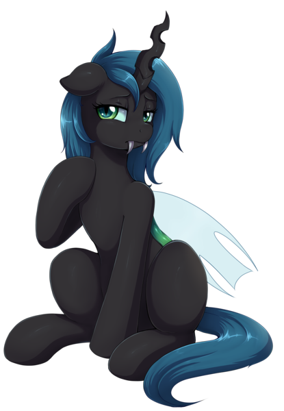 Size: 1496x2163 | Tagged: artist:evomanaphy, changeling, changeling oc, changeling princess, commission, derpibooru import, fangs, looking at you, oc, oc:cyclorra, safe, simple background, sitting, solo, transparent background, unofficial characters only