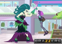 Size: 553x397 | Tagged: suggestive, derpibooru import, edit, edited screencap, screencap, juniper montage, starlight glimmer, equestria girls, mirror magic, spoiler:eqg specials, brazzers, canterlot mall, clothes, dress, glass, glasses, juniper monstar, mirror, sunglasses