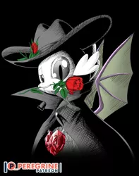 Size: 600x760 | Tagged: artist:phoenixperegrine, clothes, derpibooru import, dragon, flower, gem, hat, looking at you, male, patreon, patreon logo, rose, safe, solo, spike, winged spike