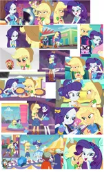 Size: 2000x3322 | Tagged: safe, derpibooru import, screencap, applejack, blueberry cake, captain planet, drama letter, normal norman, rainbow dash, rarity, sci-twi, scott green, sunset shimmer, twilight sparkle, watermelody, equestria girls, equestria girls series, rollercoaster of friendship, background human, best friends, collage, converse, female, geode of shielding, geode of super speed, geode of super strength, lesbian, magical geodes, rarijack, shipping, shipping fuel, shoes